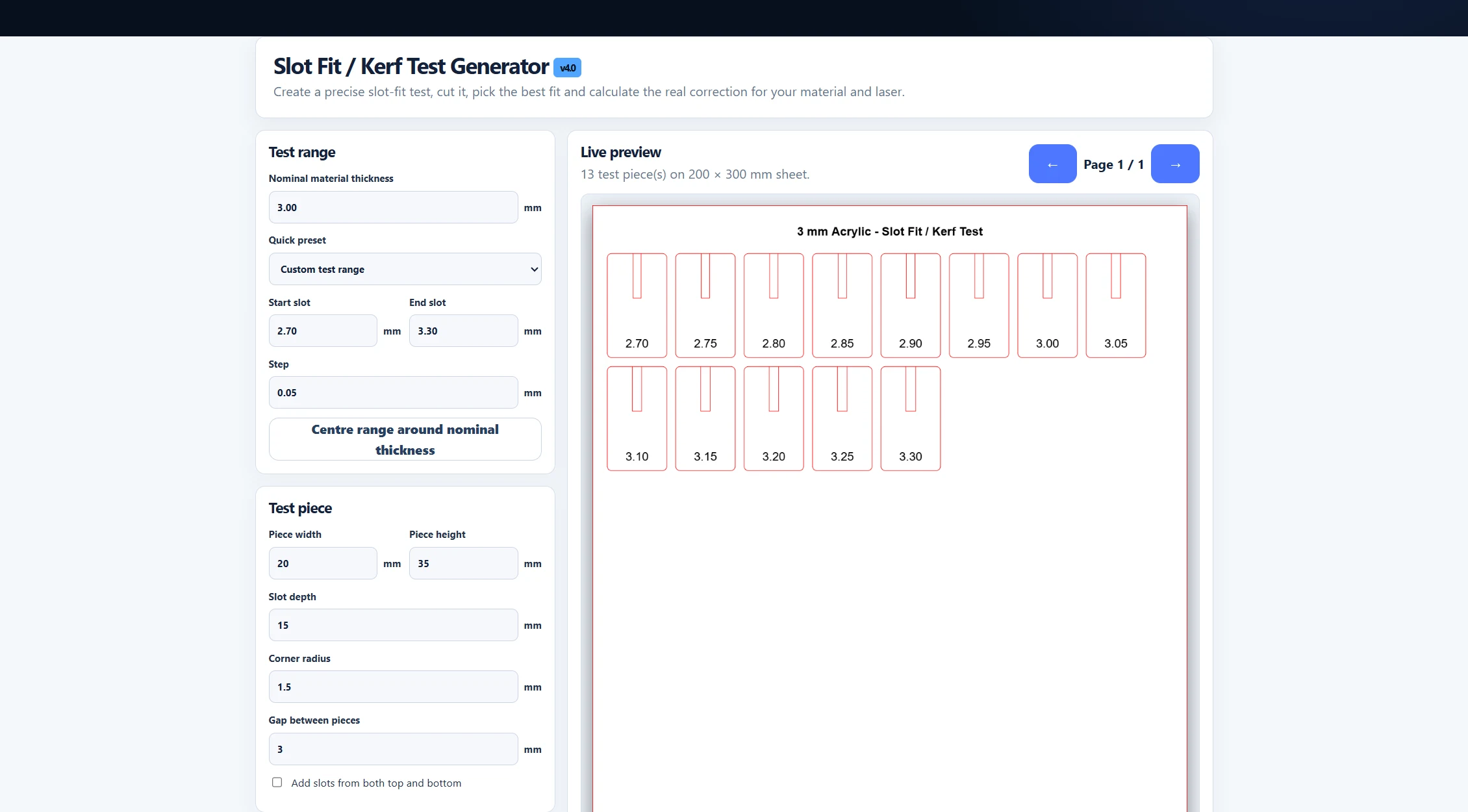 Slot Fit / Kerf Test Generator screenshot preview