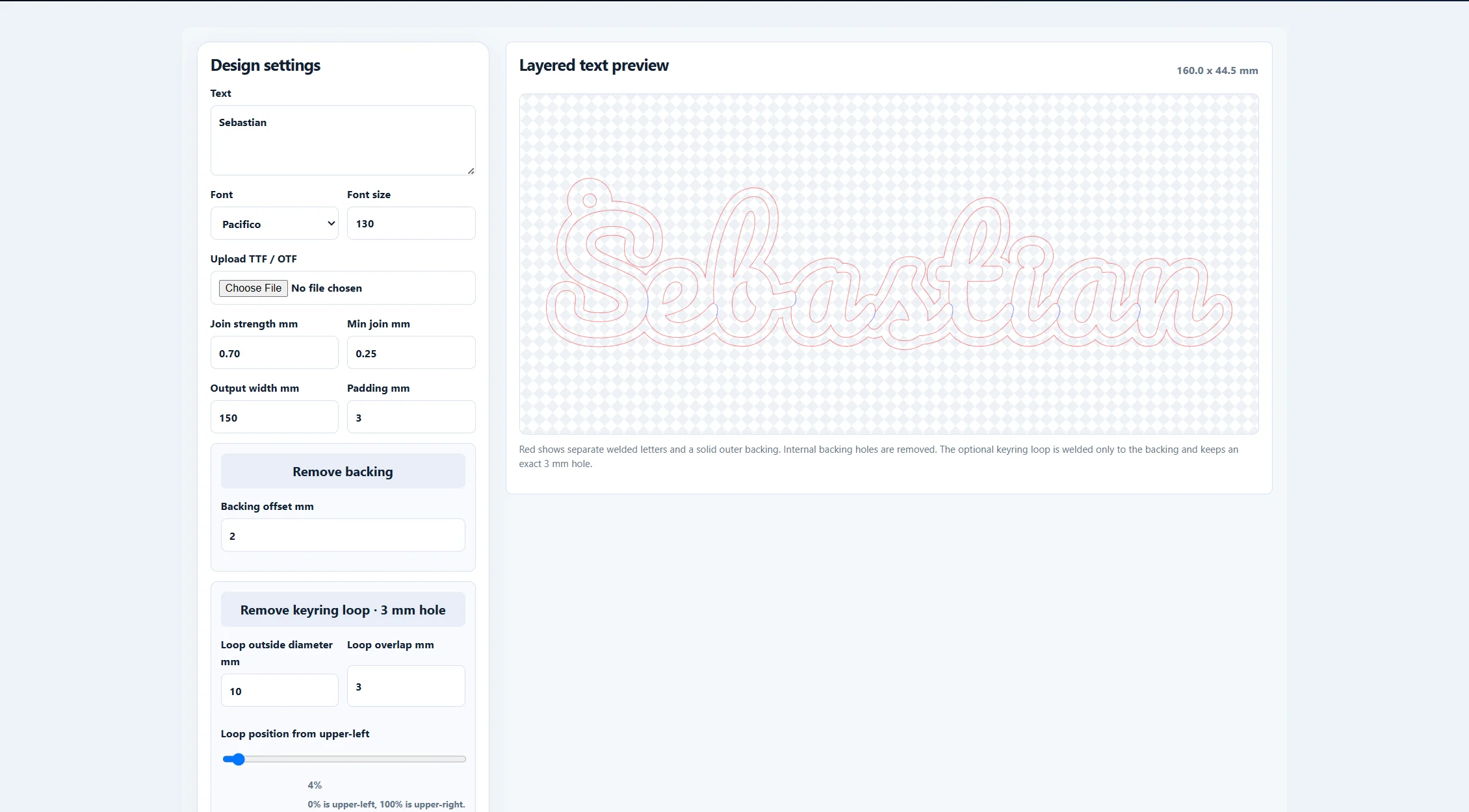 Layered Text, Sign & Keyring Maker showing Sebastian text with offset backing and keyring options