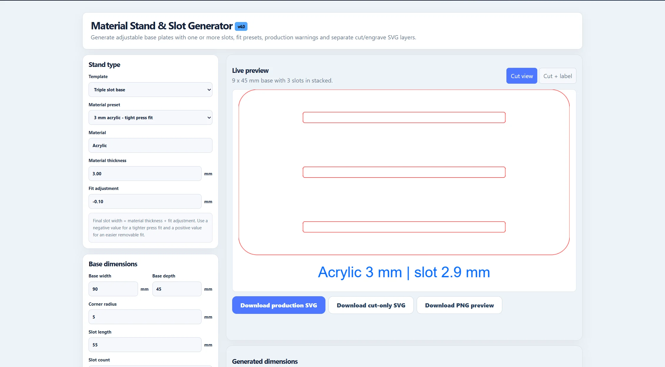 Material Stand & Slot Generator showing a three-slot acrylic stand base and laser-cut SVG preview