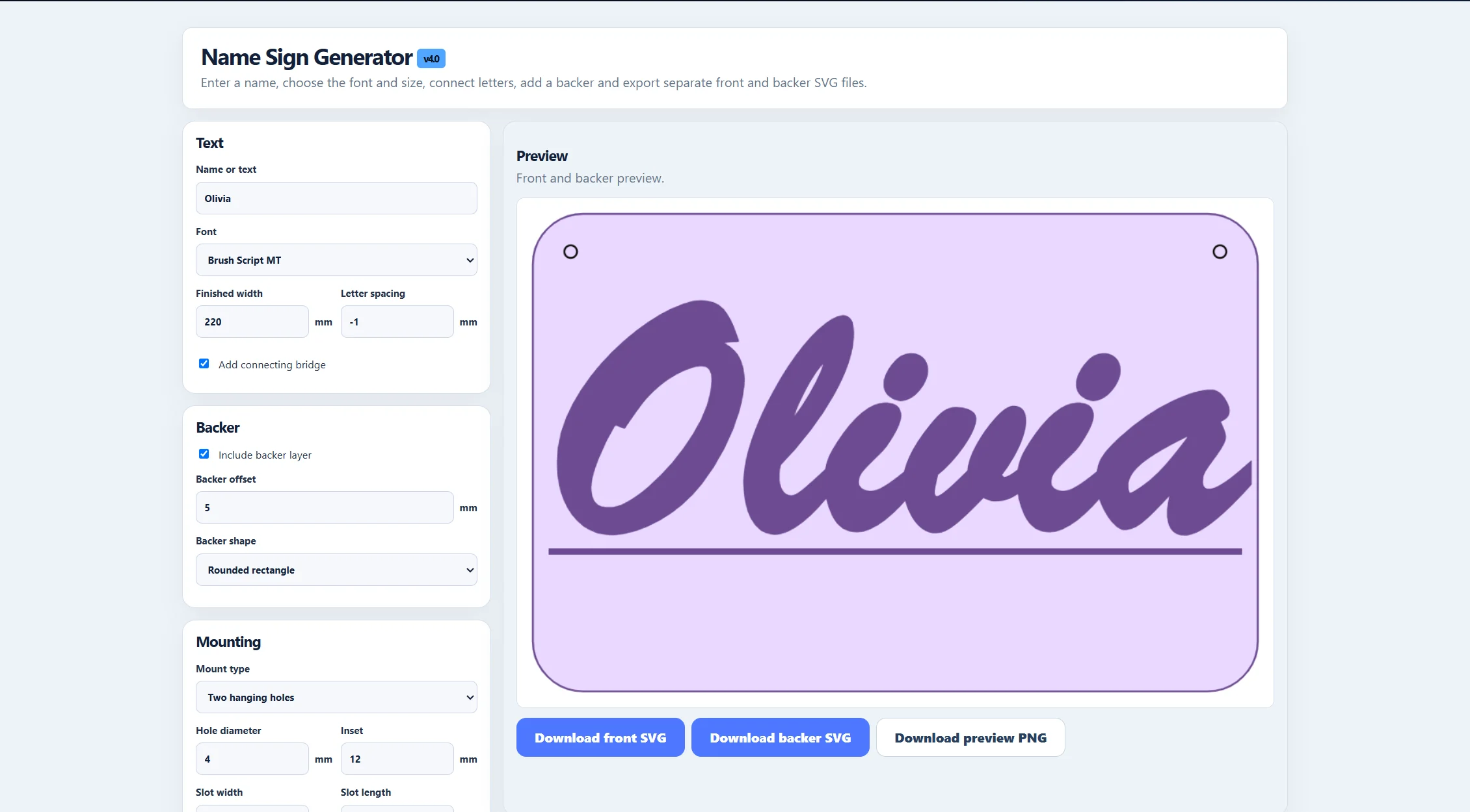 Name Sign Generator showing an Olivia layered name plaque with backing and mounting holes