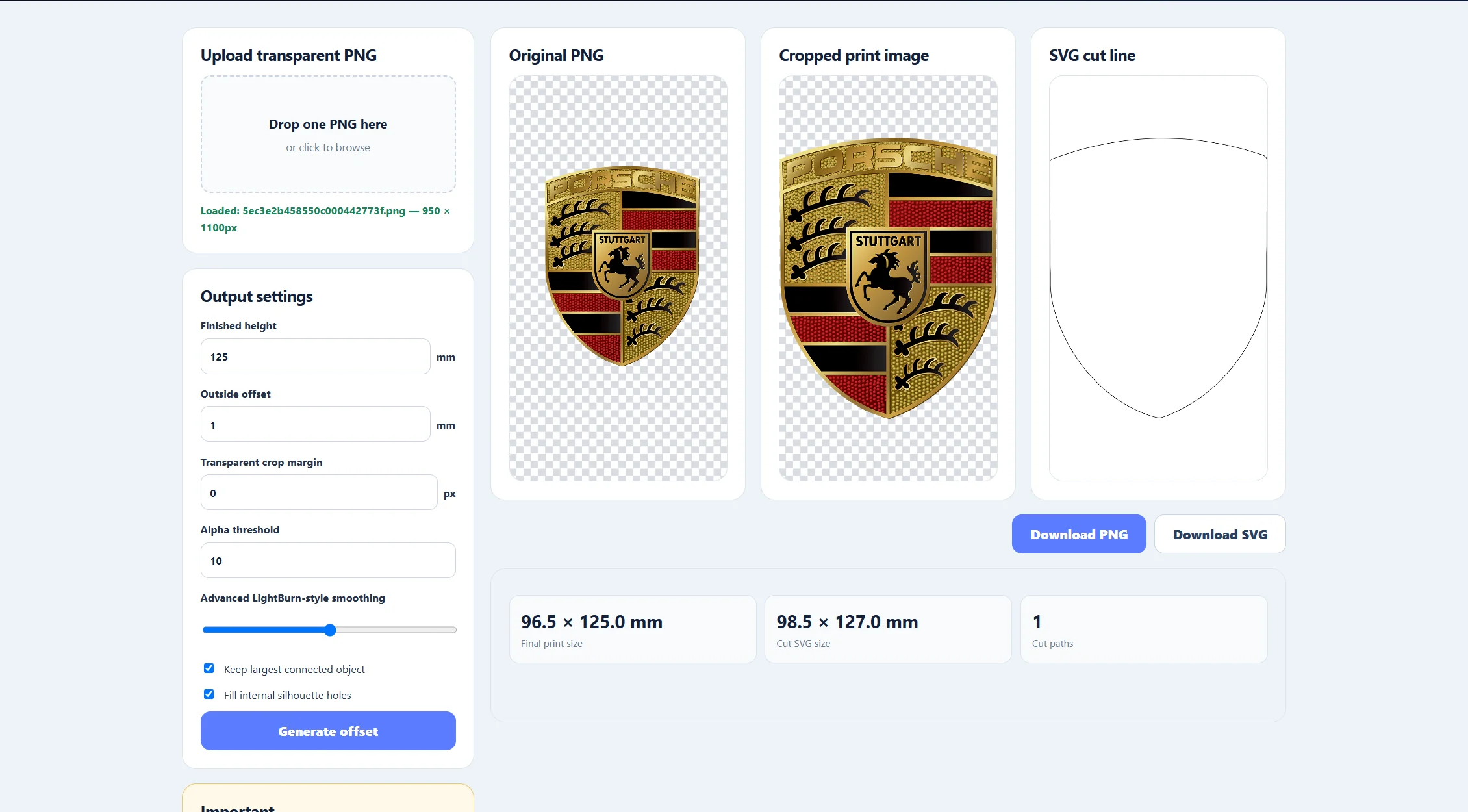 Transparent PNG Offset Generator with Porsche badge, cropped print image and matching SVG cut-line preview