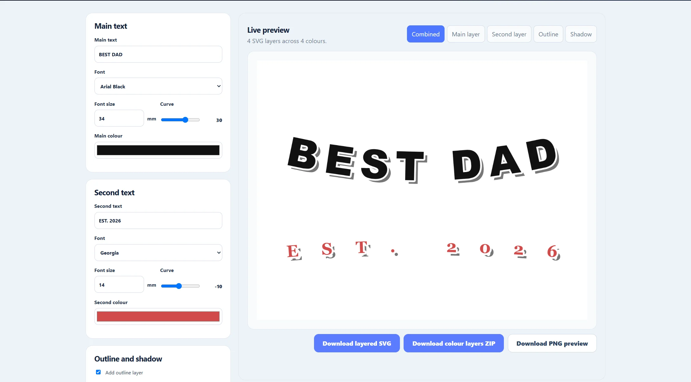 T-Shirt Design Generator showing curved BEST DAD lettering and layered heat-transfer vinyl artwork