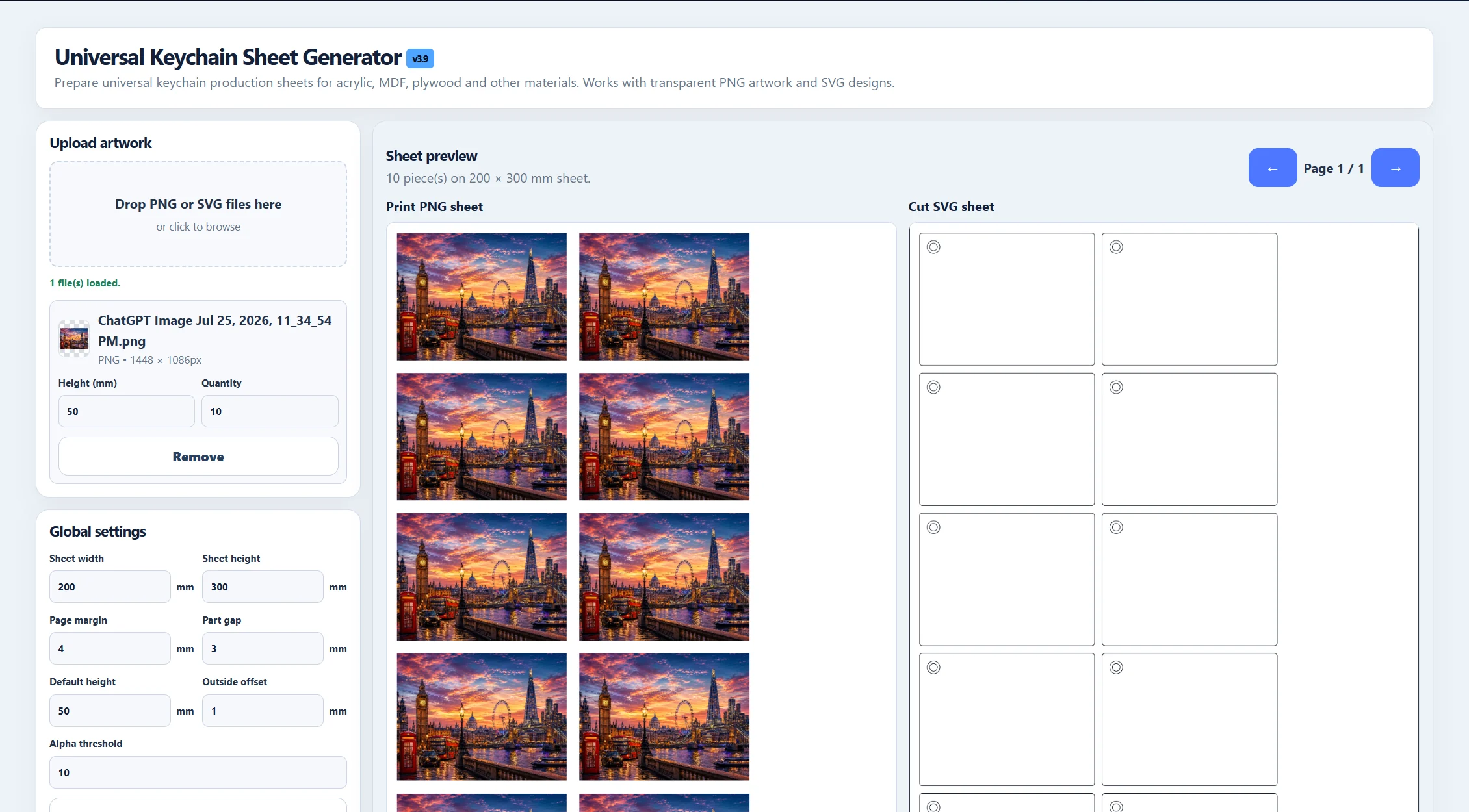 Universal Keychain Sheet Generator arranging photo artwork on matching print and cut sheets