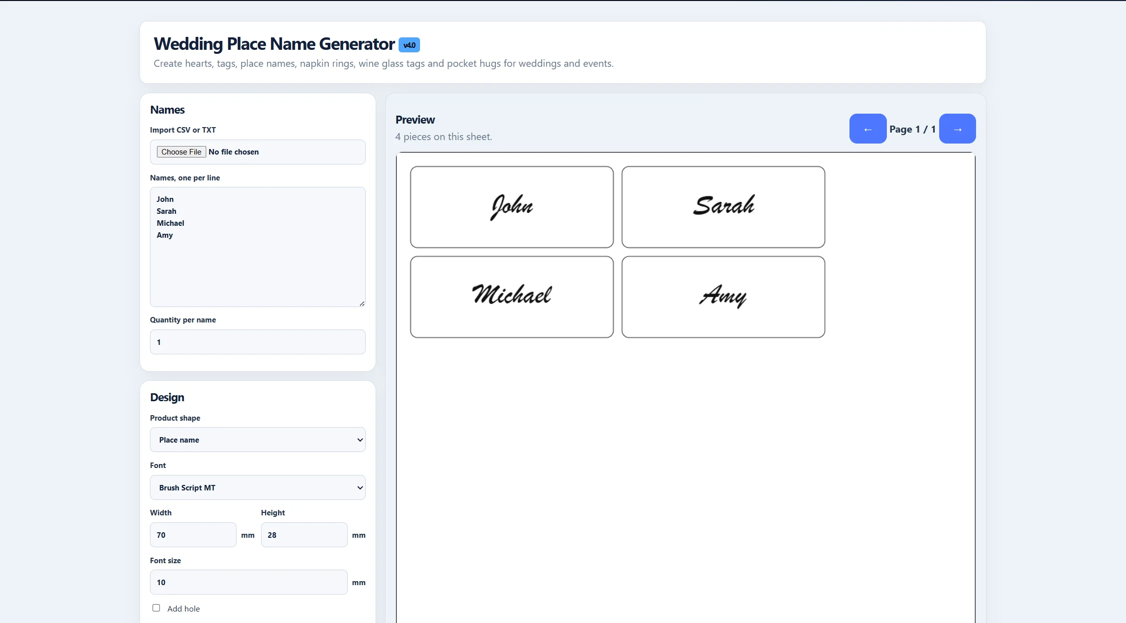 Wedding Place Name Generator arranging John, Sarah, Michael and Amy as personalised place names