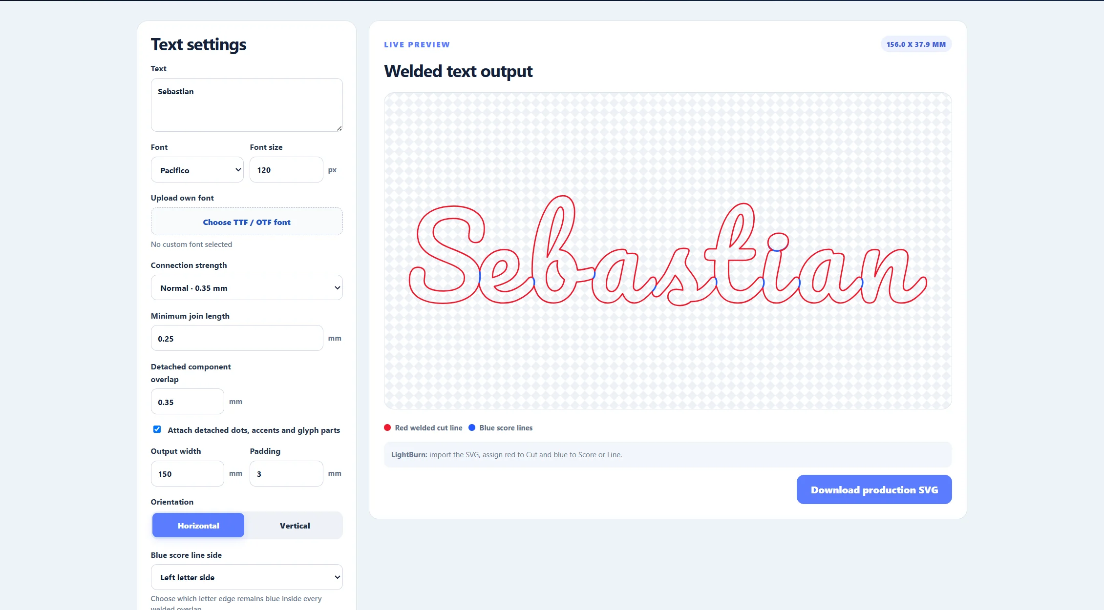 Weld & Score Text Generator showing welded Sebastian lettering with separate laser score lines